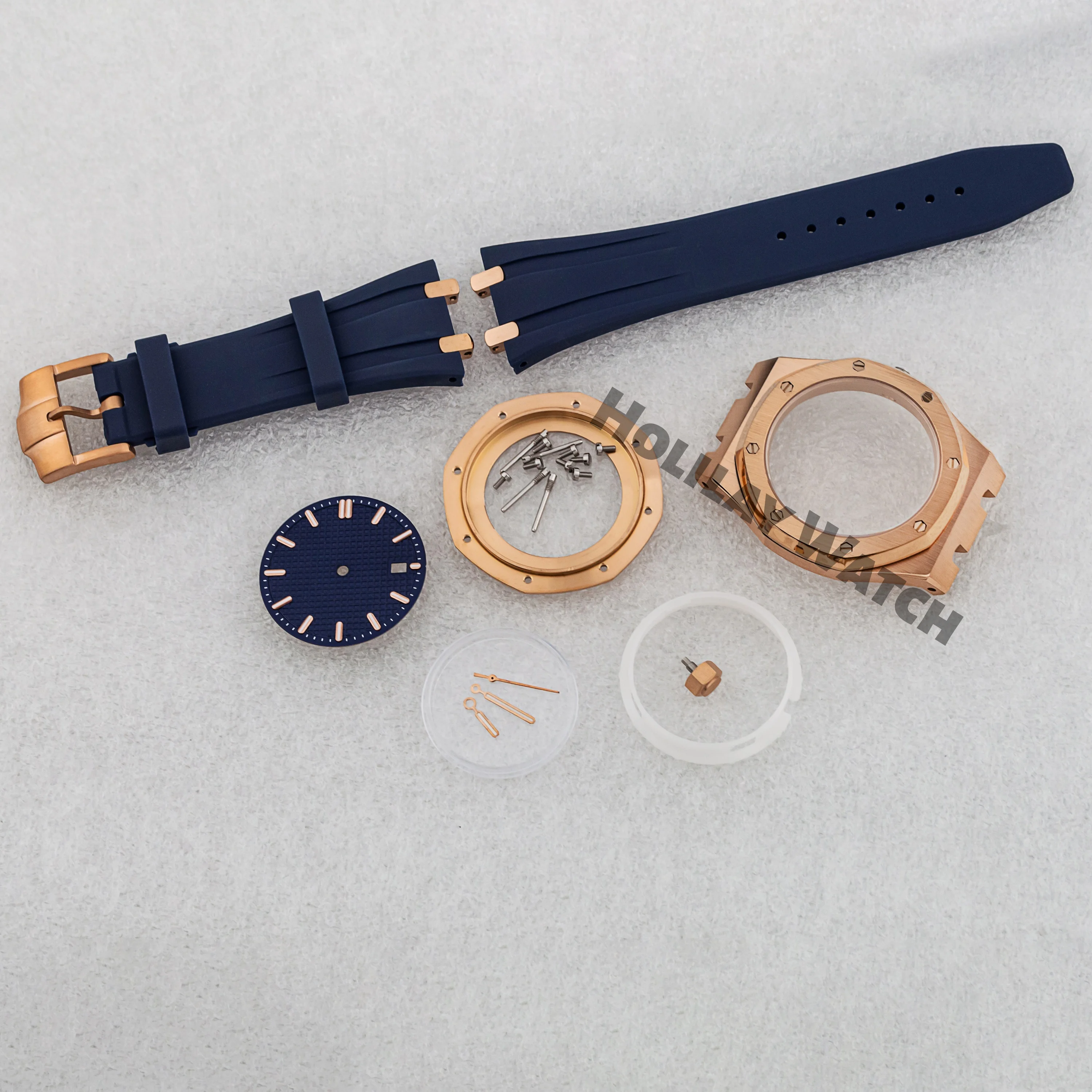 

41MM Rose Case Rubber Strap Stainless Steel Case Fit Royal Oak NH35 NH36 NH70 Movement Watch for 31.8mm Dial Hands