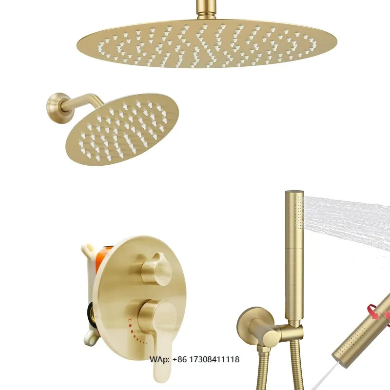 

Термостатический душевой набор с латунным сердечником, матовое золото, двойной распылитель, дождевая лейка и ручной душ для спа-процедур в ванной.