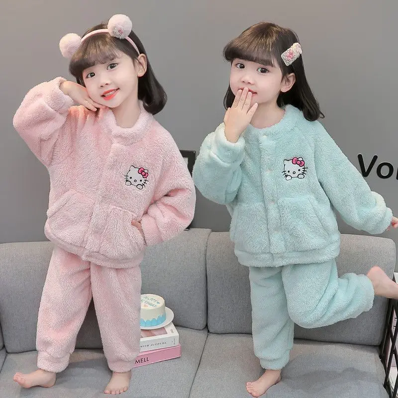 

Kawaii Hello Kitty Sanrio Students Cute Cartoon Plush Comfortable Warm Pajamas Children Outerwear Winter Trousers Gift for Kids