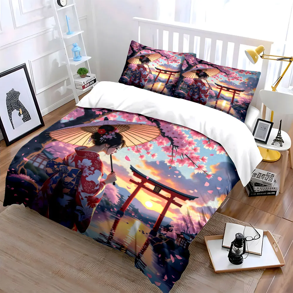 Woman in kimono under cherry blossoms Bedding Set for Kids Luxury Gift 3pcs Digital Print Comforter Set Soft Comfortable