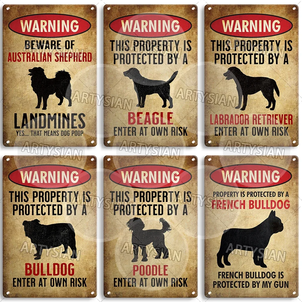 Beware Of Dog Warning Metal Sign Setter Aussie Corso Frenchie Labrador Poodle Bulldog Beagle Shorthaired Pointer GSP Lab Plaque