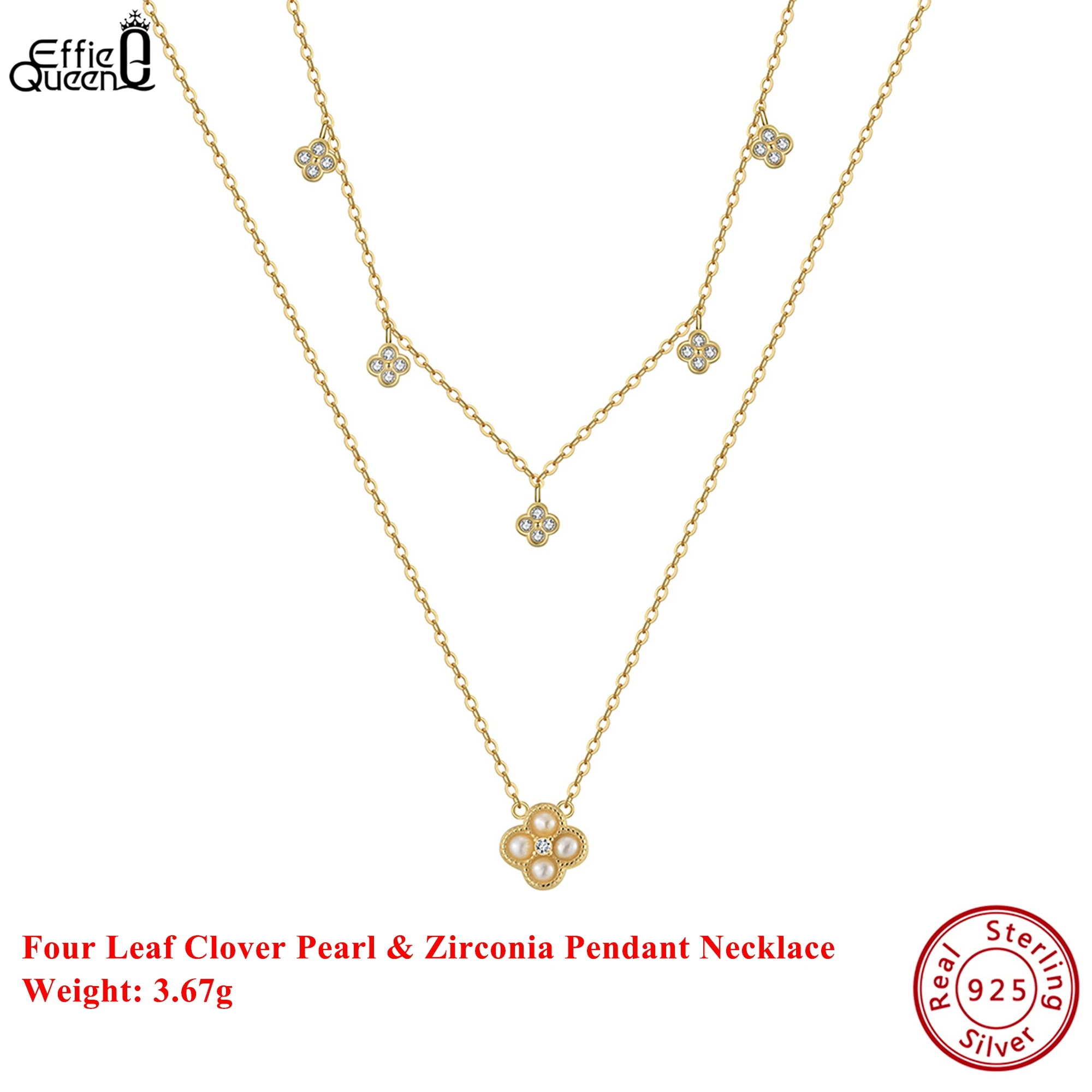 

EFFIE QUEEN 100% серебро S925, золото 14 карат, четыре листа клевера, жемчуг и цирконий, ожерелье, счастливые украшения для женщин, банкет GPN80