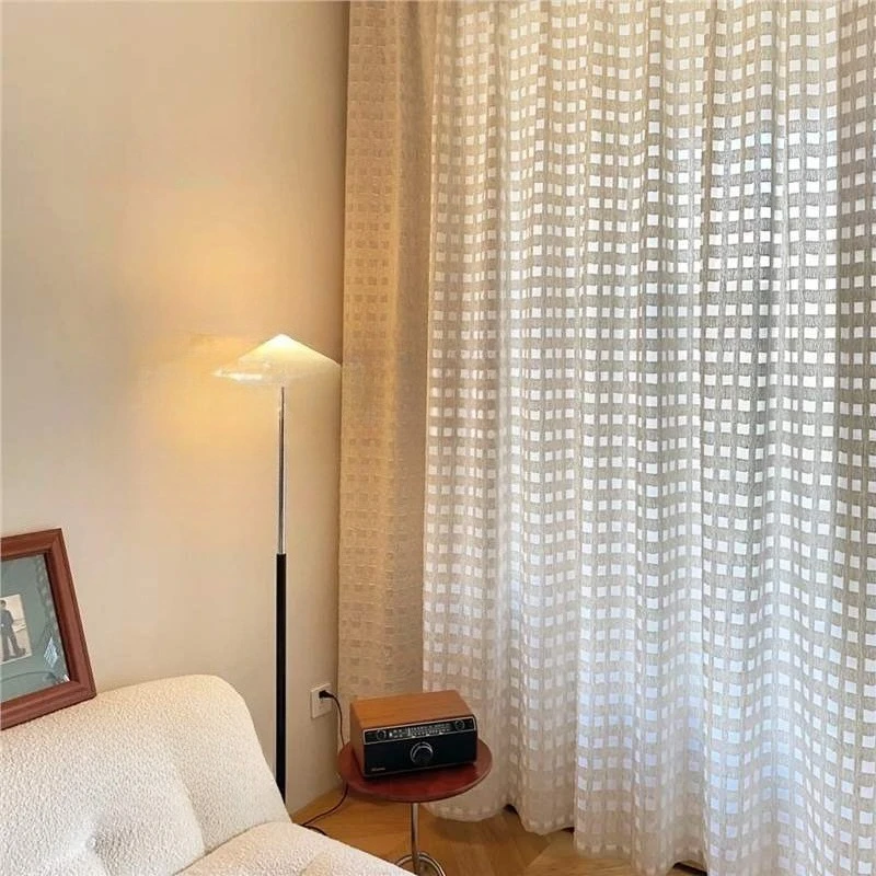 Internet Celebrity  Plaid Curtains Semi-shading and Light-transmitting Opaque Living Room French Mid-century Style Retro Tulle