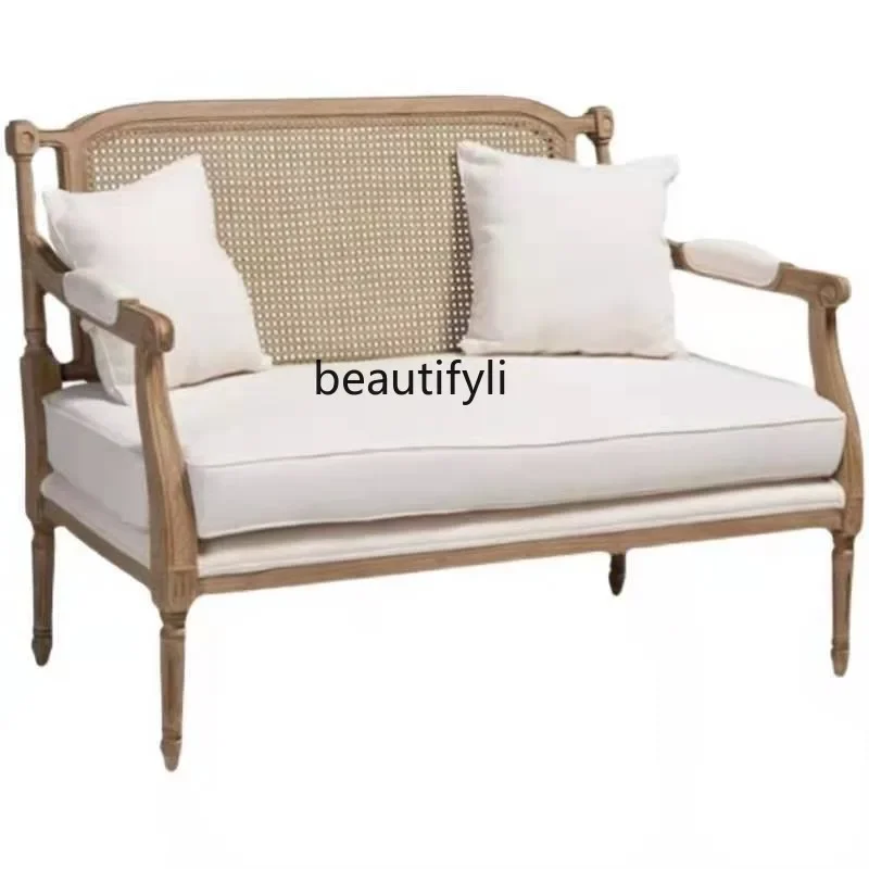 

French Solid Wood Rattan Sofa Retro Distressed Single Leisure Chair Living Room and Hotel Villa