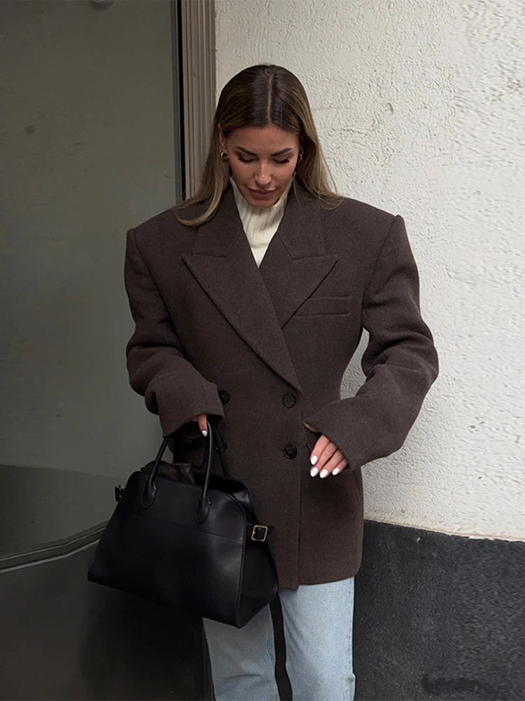 Schicker, einfarbiger Damen-Wollmantel mit Revers, zweireihig, langen Ärmeln, tailliert, Damenmäntel 2026 Herbst Winter Damen Streetwear