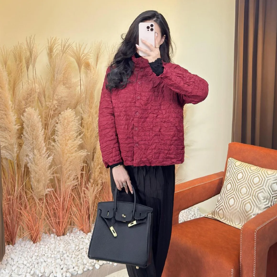 

Miyake Fold 2025 Winter New Women's Cotton Jacket Thickened Cotton Clothing Fold Solid Color Loose Fashion Versatile Cotton Coat