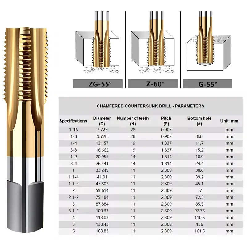 AZZKOR G Zg Npt1/8 1/4 3/8 1/2 3/4 Stainless Steel Specialized Taps M35 Cobalt Plated Titanium Straight Groove Tube Thread Tap