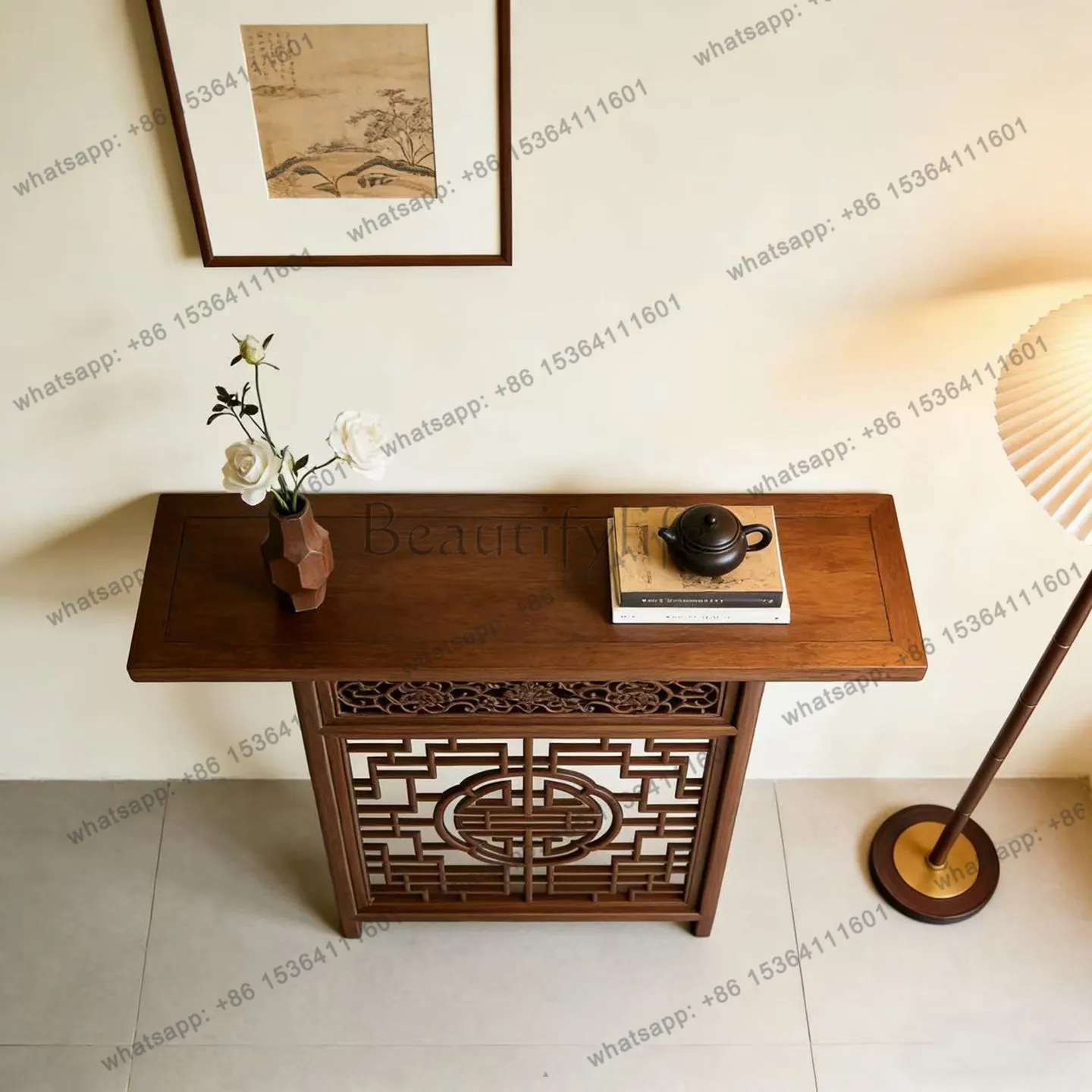 New Chinese-style North American black walnut entrance table, living room, minimalist engraving, entrance hall, end view table