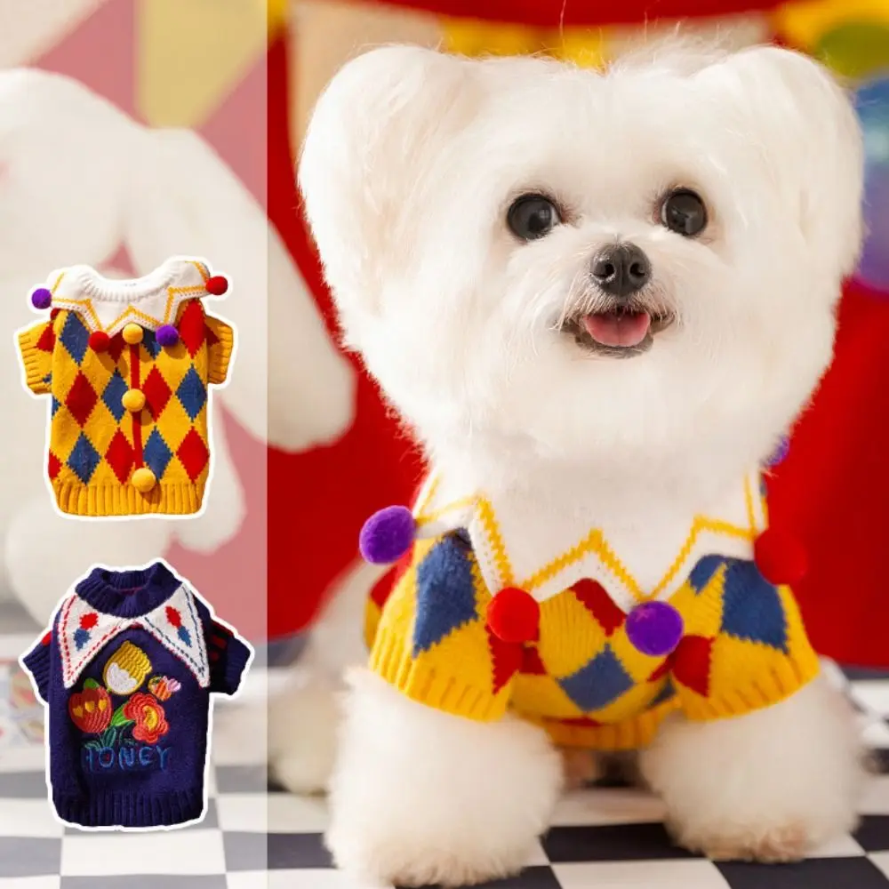 Rose Embroidered Pet Clown Sweater Soft Comfortable Dog Knit Pullover Pet Knitted Hat Warm Winter Dog Clothes For Cats Dogs