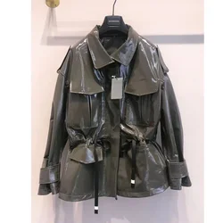 Patent leather sheepskin coat Women regular length new fashion collect waist loose clothes turn-down collar pocket decoration