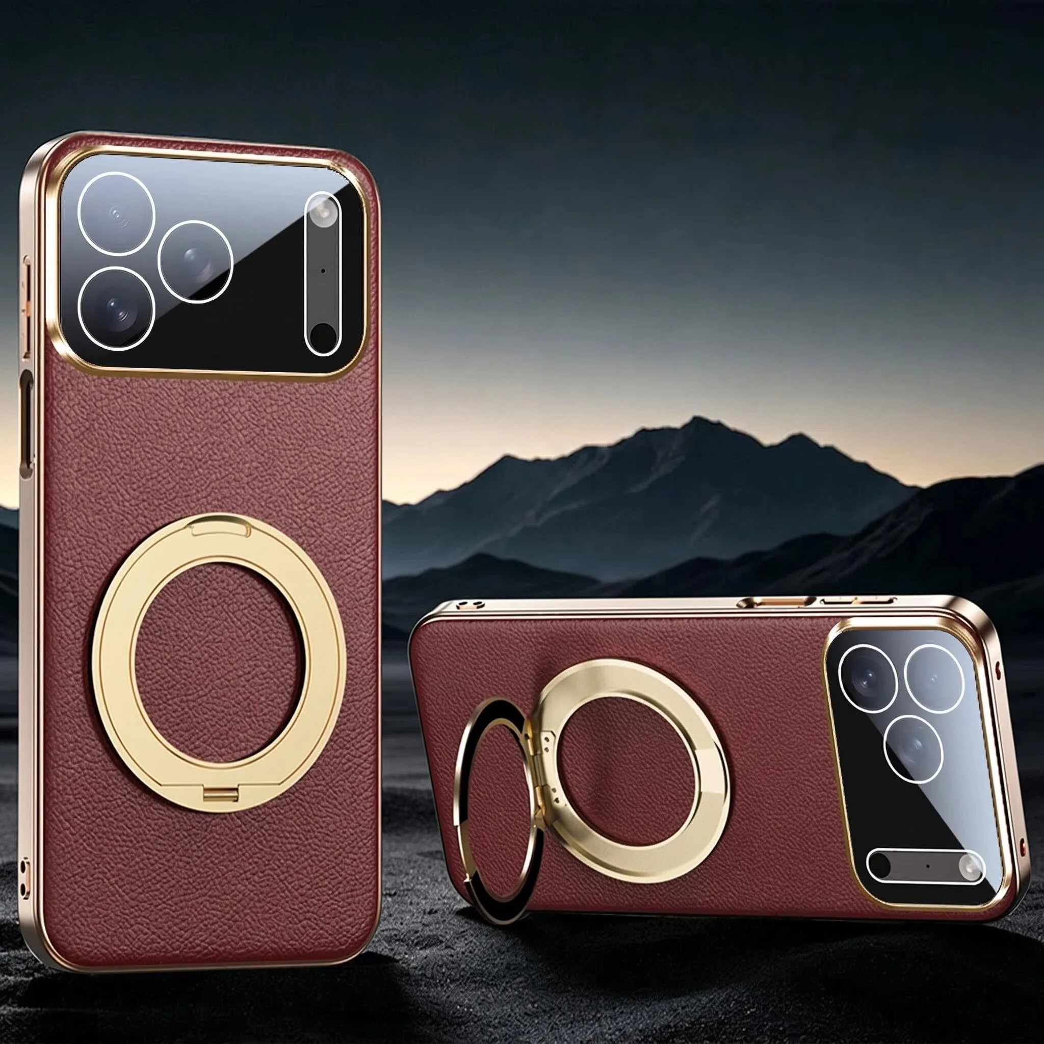 Luksusowe etui na telefon z wykończeniem w formie metalowego obwódku, przeznaczone do modeli iPhone 18, 17 Air, 16, 15, 14, 13 Pro Max, z funkcją MagSafe, magnetycznym uchwytem i obrotową podstawką. — zdjęcie produktu 7