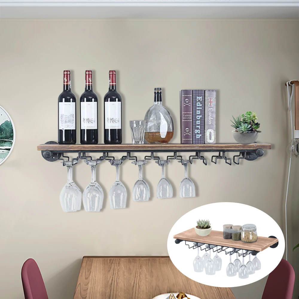 

Wall-Mounted Wine Rack, High-Quality Pine Wood and Iron, Spacious Top Storage, Easy Access for Wine and Glasses, Stylish Modern