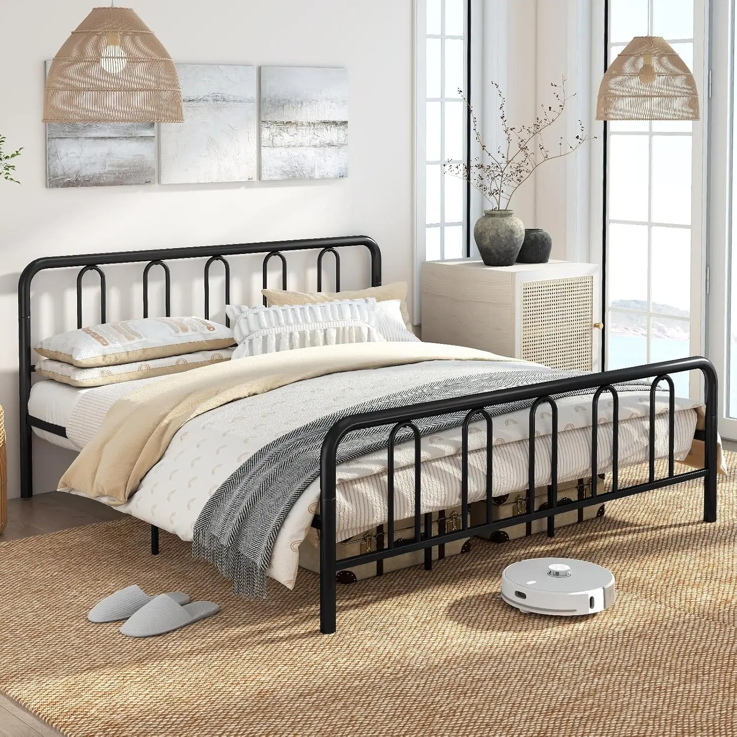 

Каркас кровати размера Full/Queen с изголовьем, 14-дюймовая металлическая платформенная кровать повышенной прочности с бесшумной конструкцией, современная, на заказ