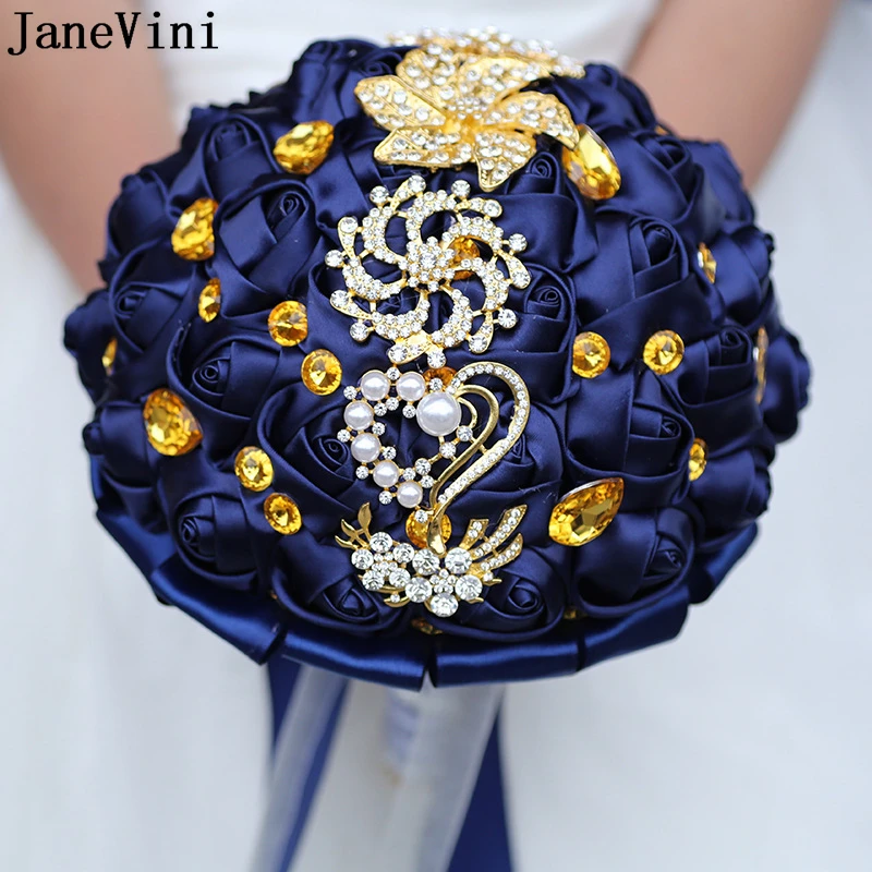 Janevini azul marinho casamento buquê charme fleurs 2022 luxo ouro cristal strass flores de noiva artesanal rosa fita flor