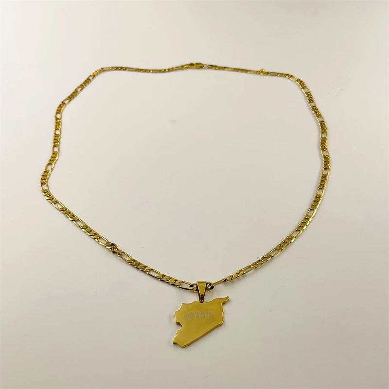 Golden Syrian map engraved SYRIA pendant necklace, stainless steel Figaro chain, ethnic commemorative men's and women's collarbo