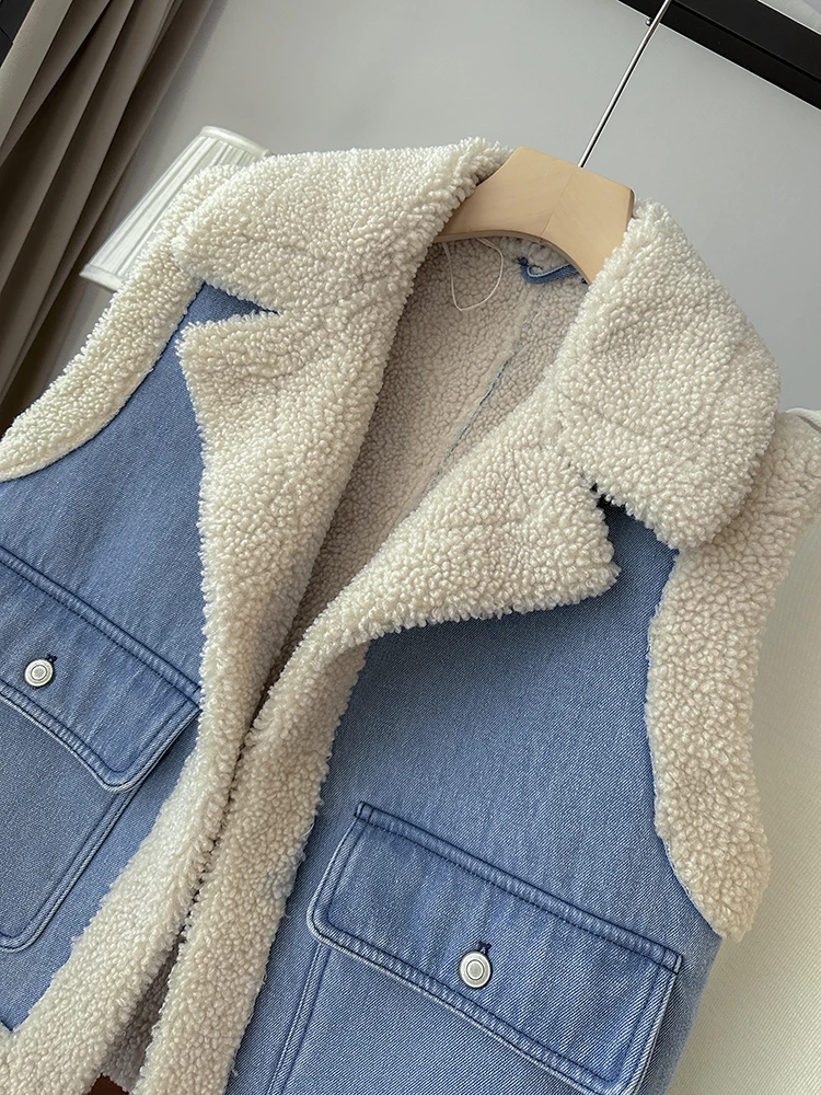 Garaouy 2024 Winter Women Vintage Denim Lamb Down Patchwork Vest Coats Female Thick Warm Pocket Tanks Jacket Waistcoat Outwear