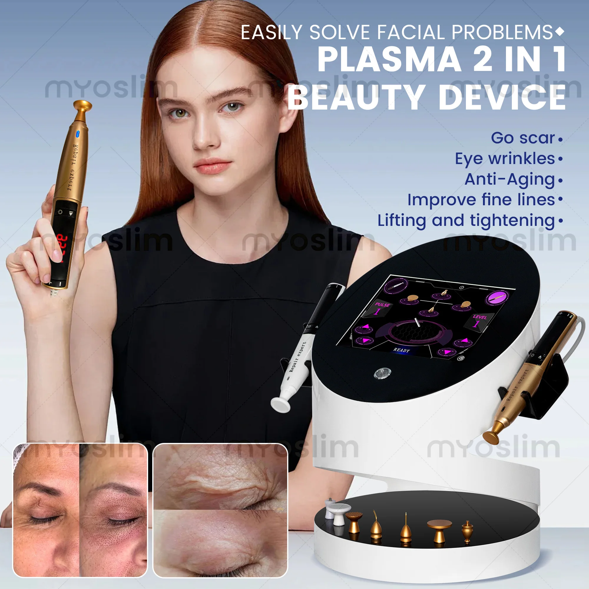 

2-in-1 Ozone Gold Plasma Facial Massager Removes Blemishes Wrinkles Firms Skin Treats Acne Highly Effective Anti-aging