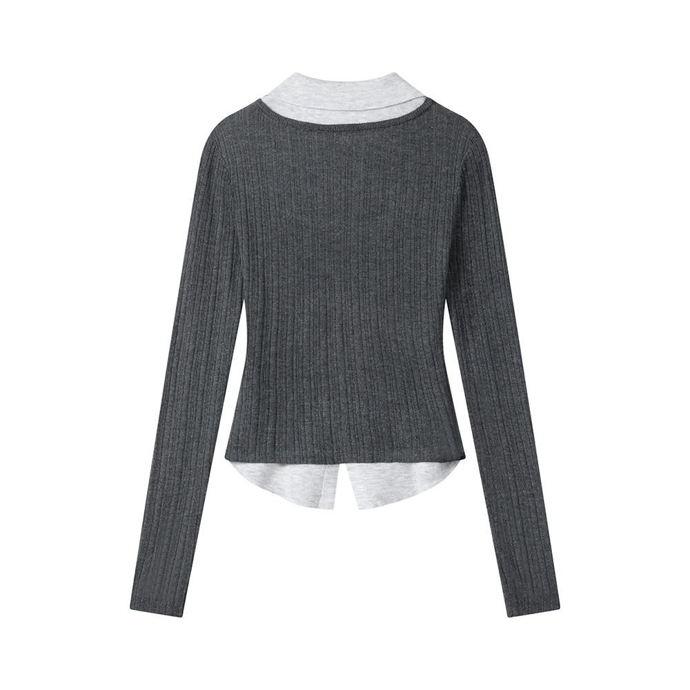 딥 그레이 빈티지 플래드 니트 셔츠 슬림핏 스플라이스 페이크 투피스 스타일 숏 기장 V넥 긴팔 여성 패션
