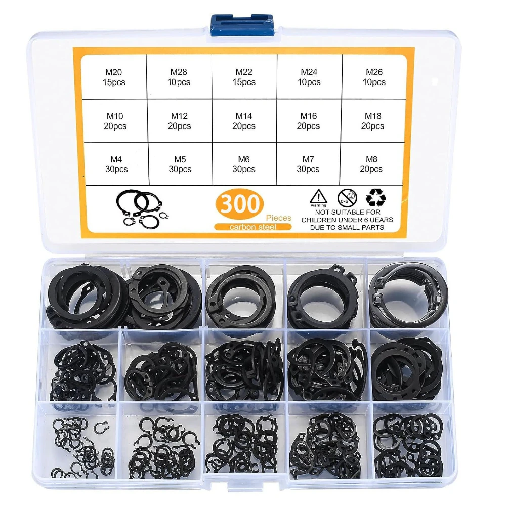 

300pcs Carbon Steel Black Shaft Spring Steel 65Mn A/C Type Retaining Ring Set M4-M28 Elastic Shaft Retaining Ring Washers Box