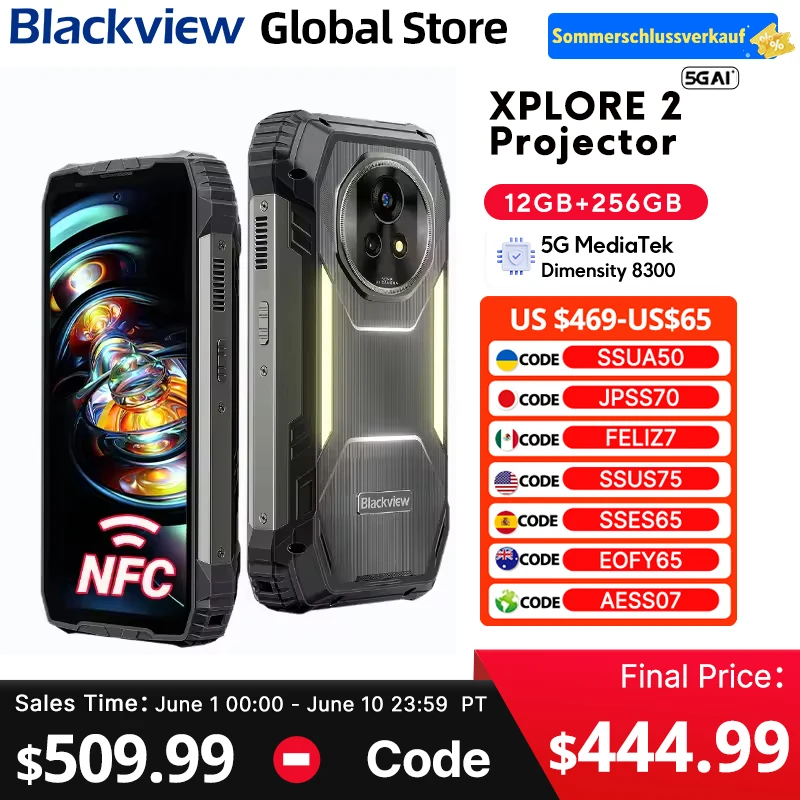 

Blackview XPLORE 2 Projector 5G AI RuggedPhone MediaTek Dimensity 8300 6.73” 3.2K AMOLED Display 20000mAh 120W Charger Cellphon