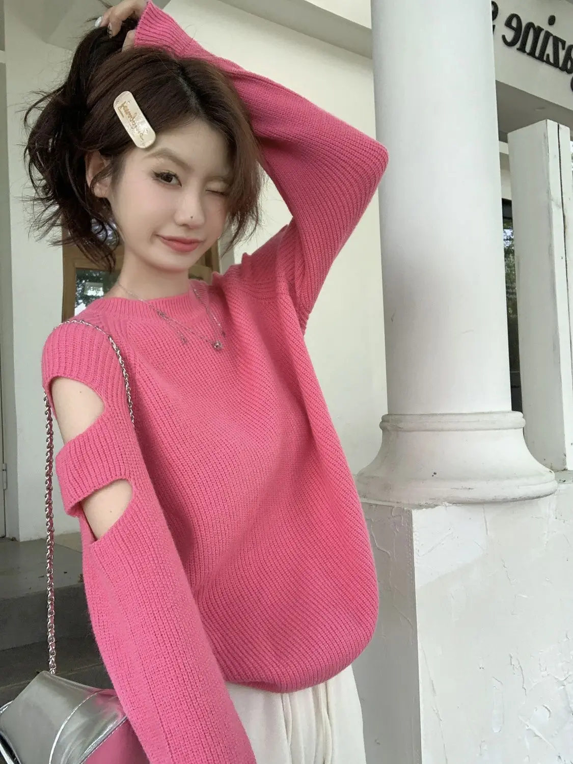 

Solid Color Knitted Sweater For Women Pullover Off Shoulders Fashion Early Autumn Chic Sweet And Spicy Long-sleeved Top