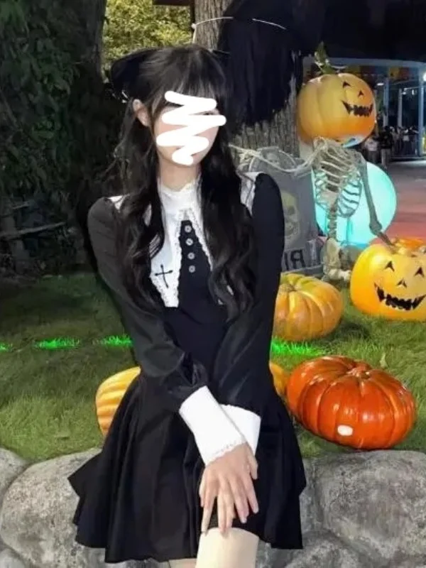 k Nun Skirt Fing Princ JK orm ローリーンコスチューム レディース Aライン ドクターボタンアップ ロングスリーブ スタンドフィット