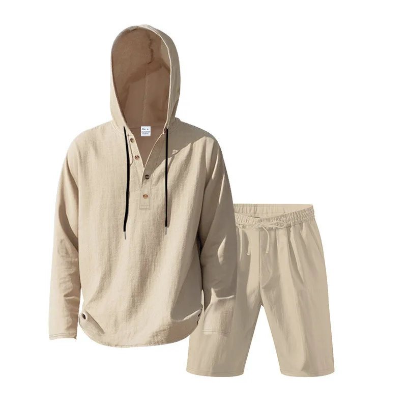 

2026 Cross-border Spring and Summer Thin Linen Men's Suit Loose and Breathable Henry Long Sleeve Shorts Casual Hooded Suit