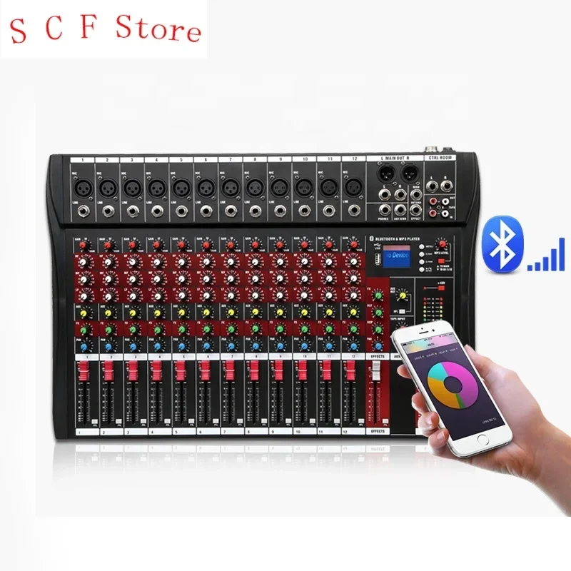 12 Channel Sound Mixer With 48V Phantom Power Audio Mixer With Bluetooth MP3 12ch DJ Mixer