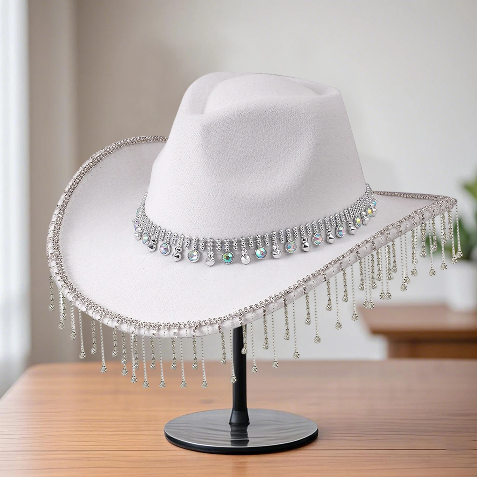 

Elegant Women s Black Wool Fedora Hat with Feather Band and Wide Brim for Fashionable Party Look and Western Style