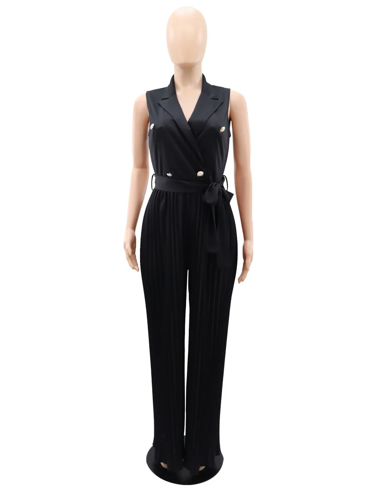 Sleeveless Jumpsuits for Women Casual Pleated Wide Leg Pants Belt Button Down Notched Lapel Back Out Summer One Piece Outfits