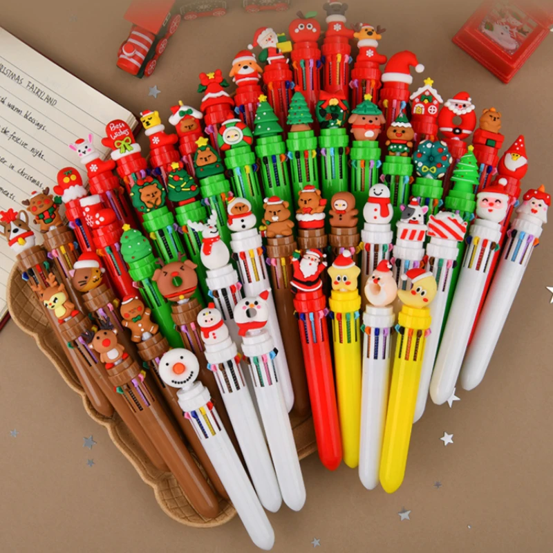 35Pcs/Lot Cute Christmas Multicolor Ballpoint Pen 10 Colors Retractable Cartoon Pens Stationery for Kids Students School Gift