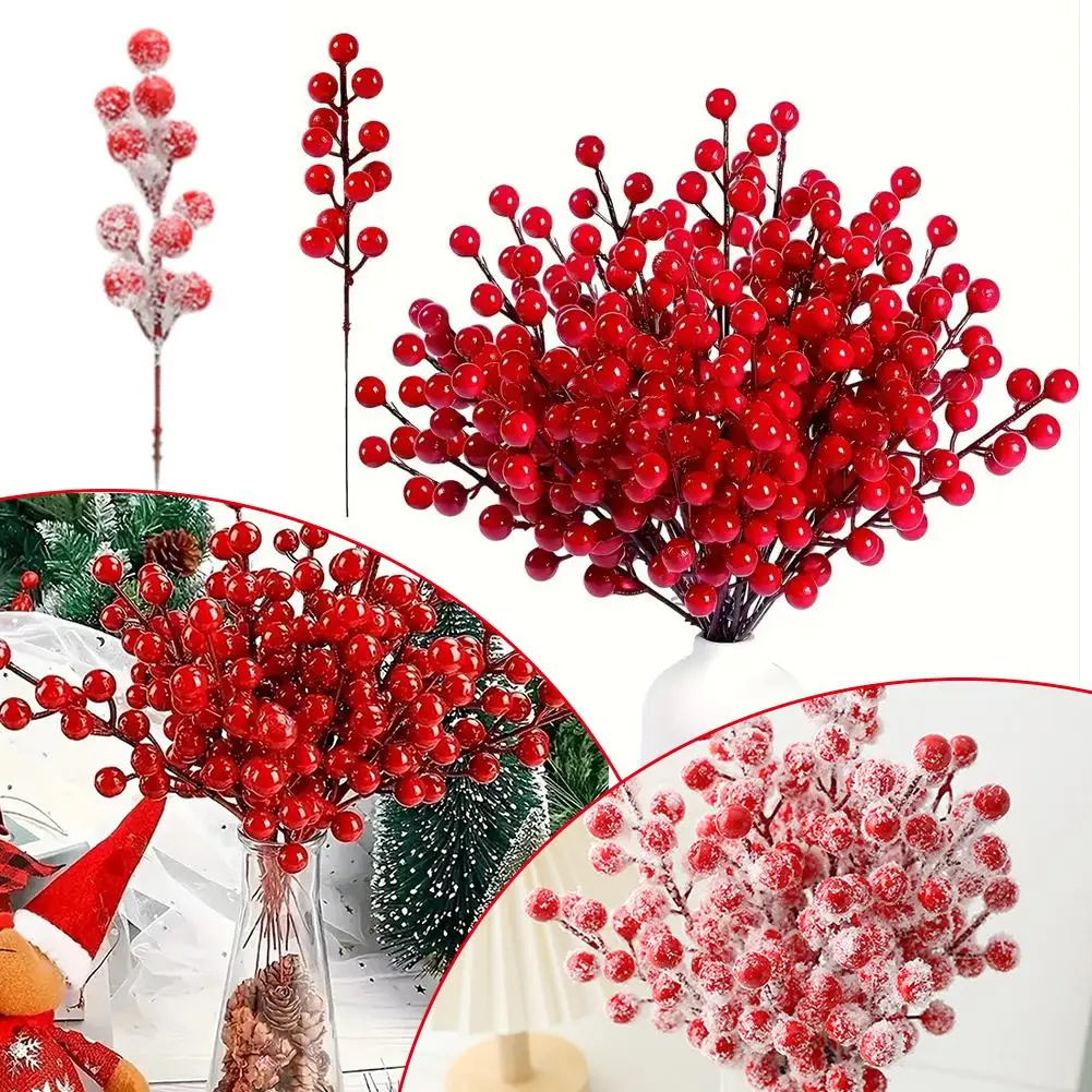 Christmas Red Berries Branch Fake Plants Flowers Artificial Holly Berry Stamen Wreath Ornaments for Xmas Tree Party Home De S2Y9