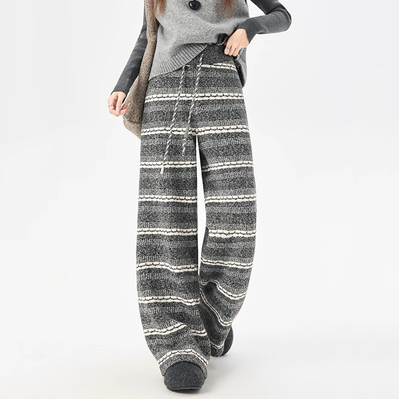 Pantaloni maglione ispessiti Pantaloni larghi casual a vita alta a gamba larga Autunno Inverno 2026 Nuovi pantaloni caldi lavorati a maglia