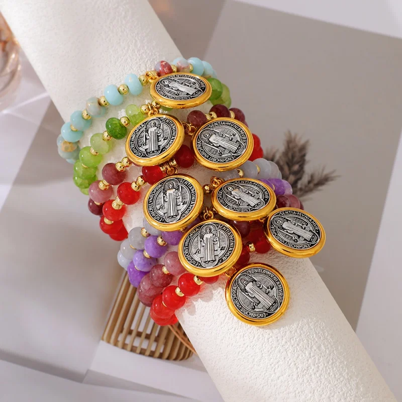 Braided Bracelet with a Round Pendant Featuring a Religious Image of St. Benedict Set in Gold Between Jade Flat Beads
