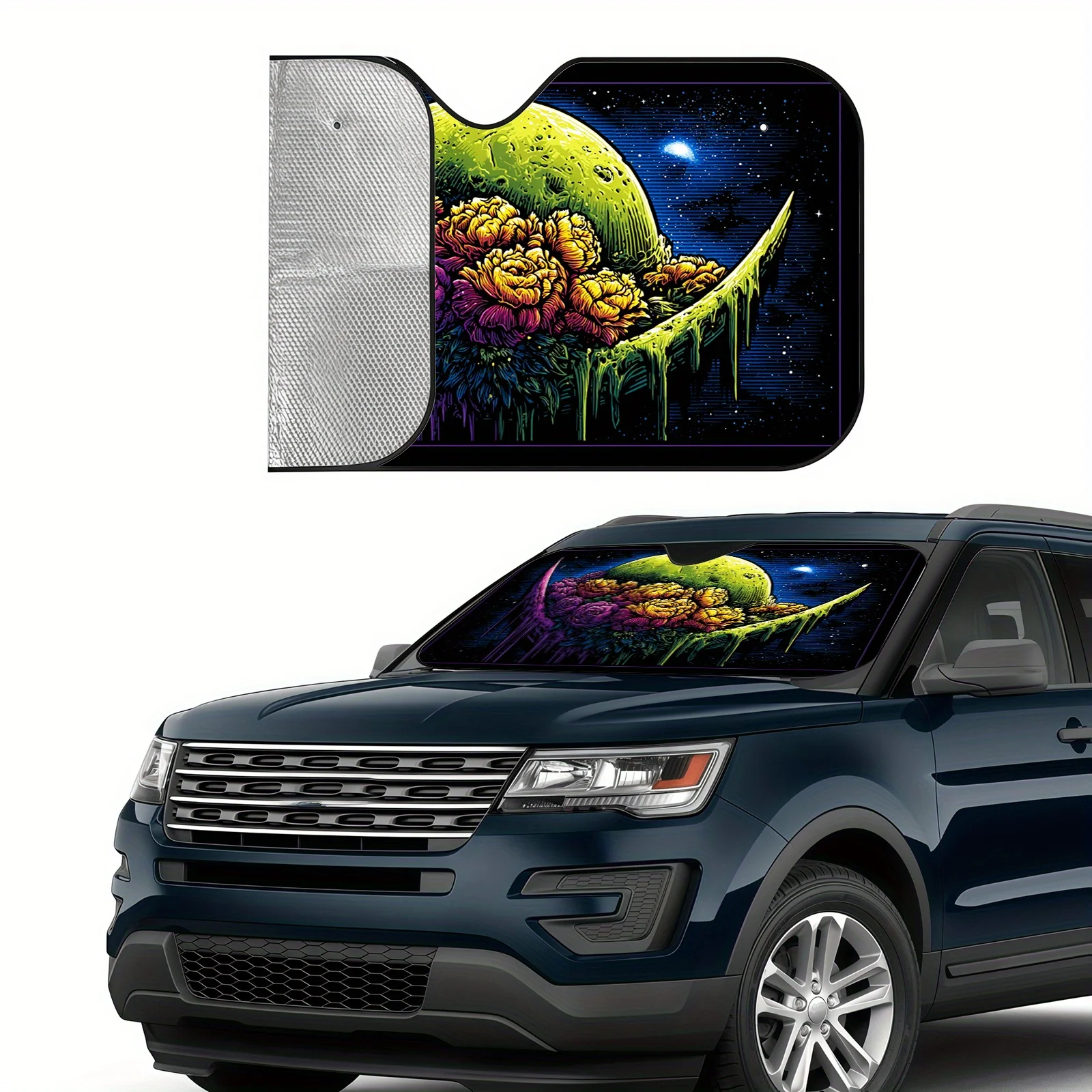 The Moonflower Cluster Sunshade For The Car Windshield Features A Dreamy Starry Sky Plant Art, Comes With Convenient Installatio