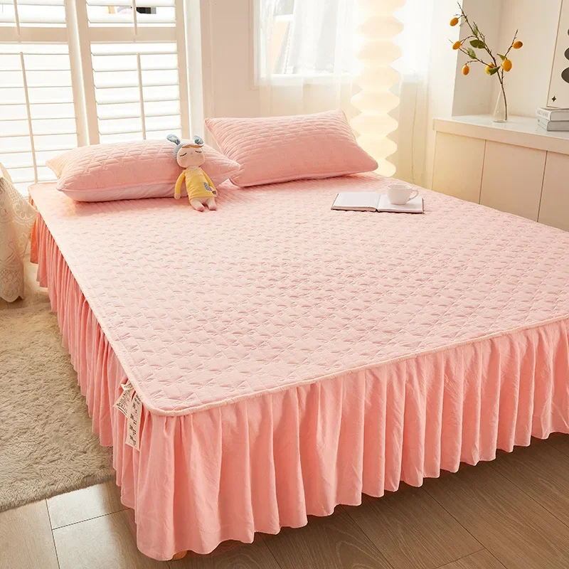 

Bed Skirt Style Bedspread Silk Wadding Padded Thick Plaid Fitted Sheet 45cm High Hemline Solid Color Mattress Protective Cover