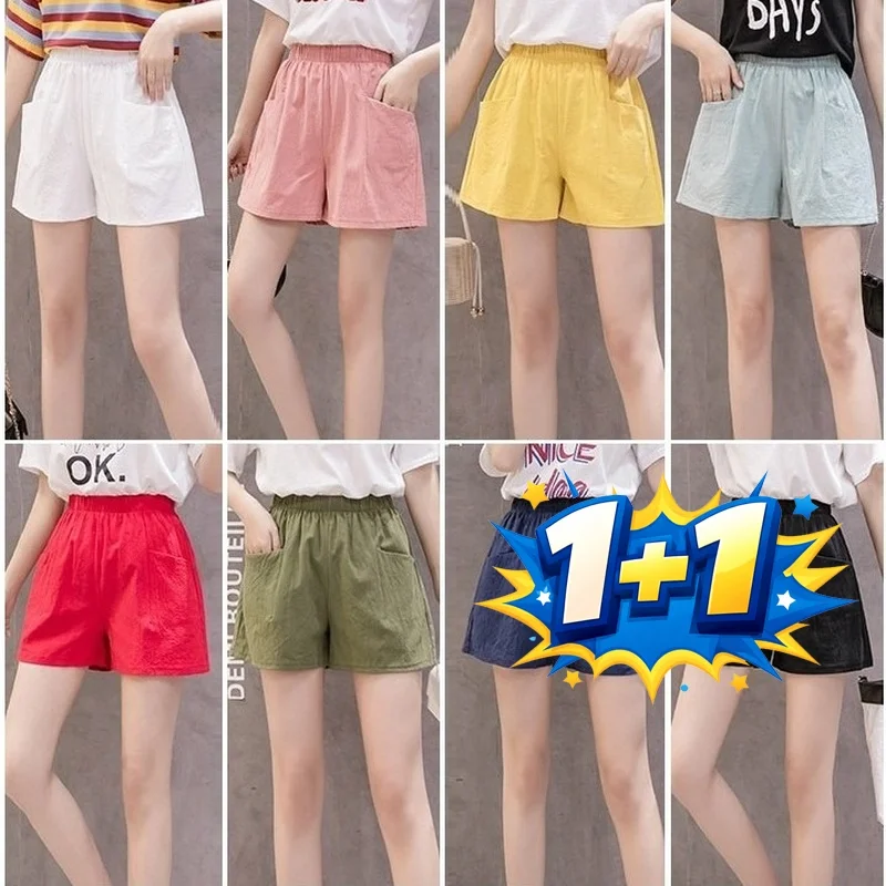 1+1 Casual Shorts Summer Cotton Linen Fashion Cotton Pants Elastic Waist Hot Pants