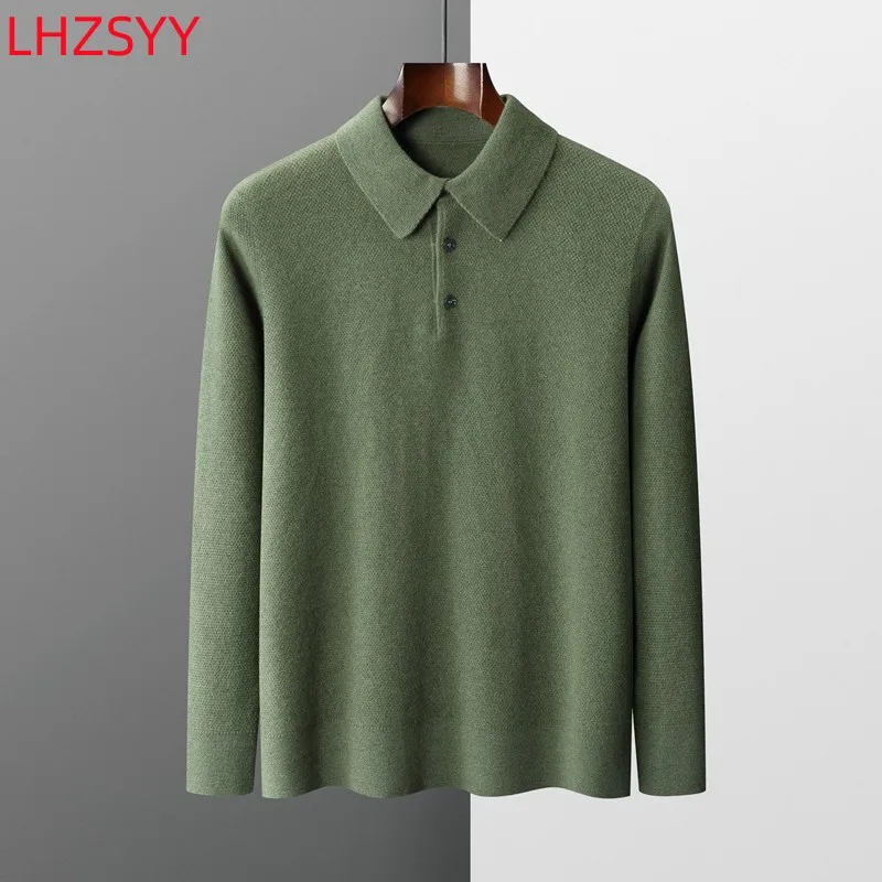 Men\'s New 100% Pure Wool Sweater Spring Autumn Knit Lapel Pullovers Youth Loose Versatile PoLo Shirt Short Bottom T-shirt Tops