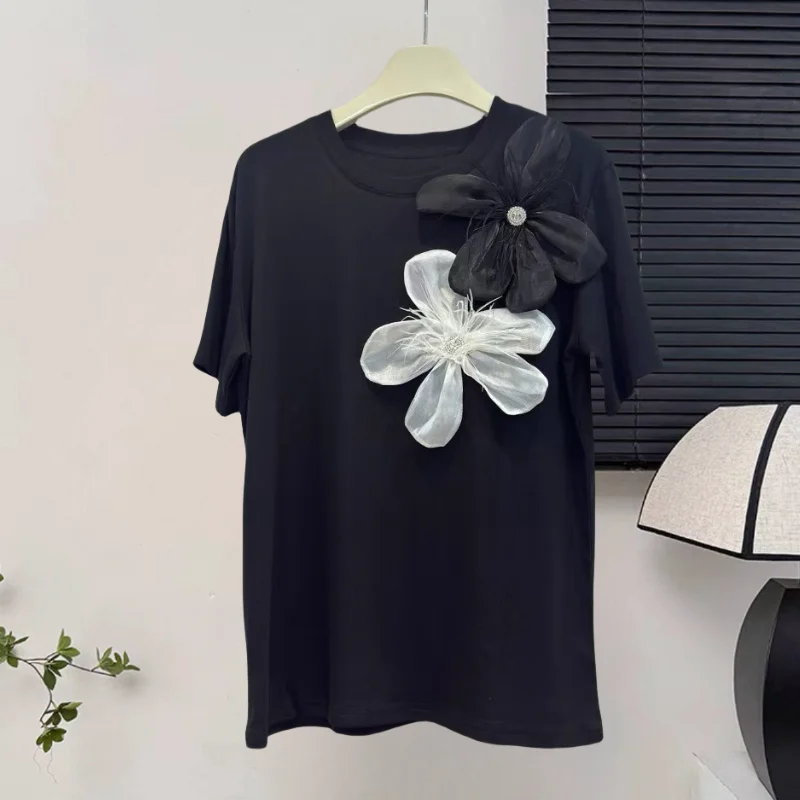 

Black,Summer,Korean,Style,Loose,T-Shirt,Chic,Sexy,O-Neck,Three-dimensional flowers,Women,Tops,Short Sleeve,Hot,Tees,New,55907