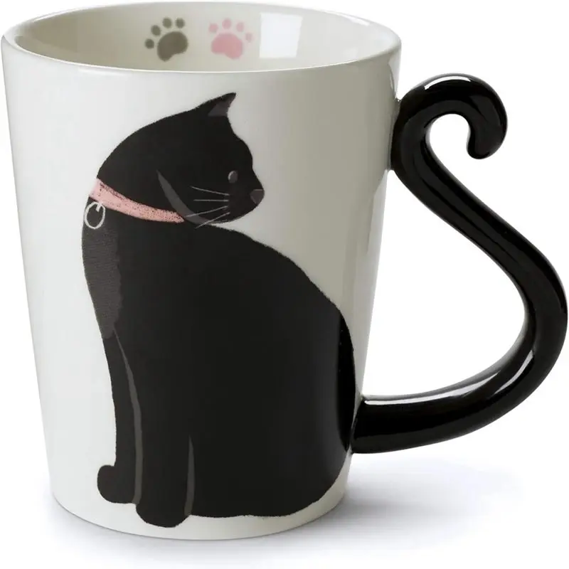 Desired- White Animal Shaped Cup-Mug With Hand Printed Design-Cute Handmade Gift For Men Or Women, Cat Lovers-12 Ounces