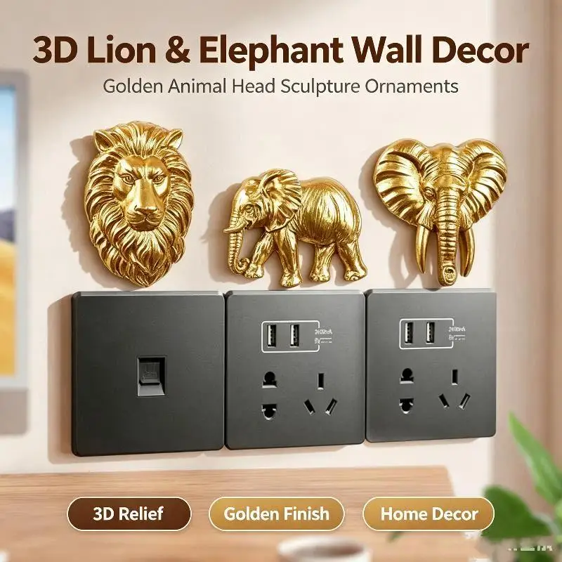 Resin Golden Animal Switch Cover Unique Elephant Lion Head Shape Non-slip Modern Home Wall Decor for Office Home Decoration
