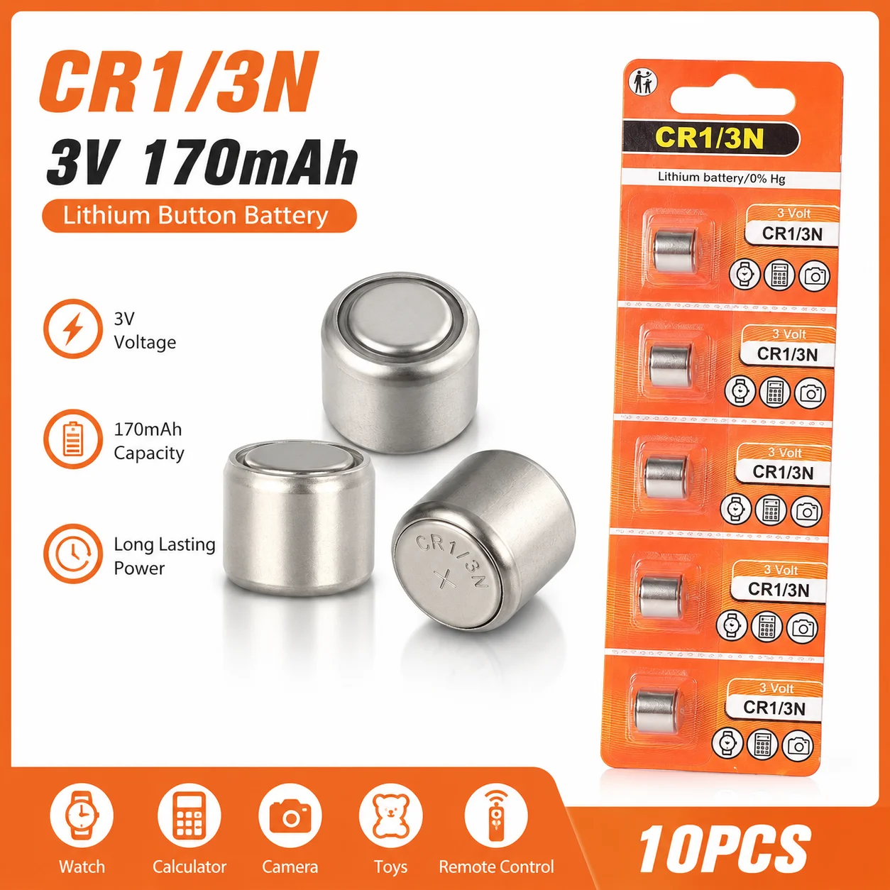 3V 170mAh Lithium Button Cell Battery Replacement for CR1/3N DL-1/3N, High Power for M6 M7 Camera Laser Sight Dog Collar