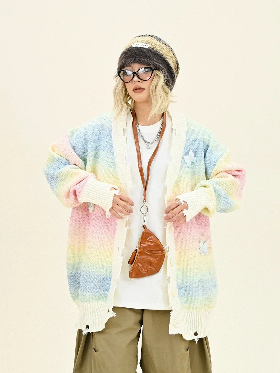 Dopamine Butterfly Sweater Cardigan Women's 2024 Winter New Loose Bf American High Street Needle