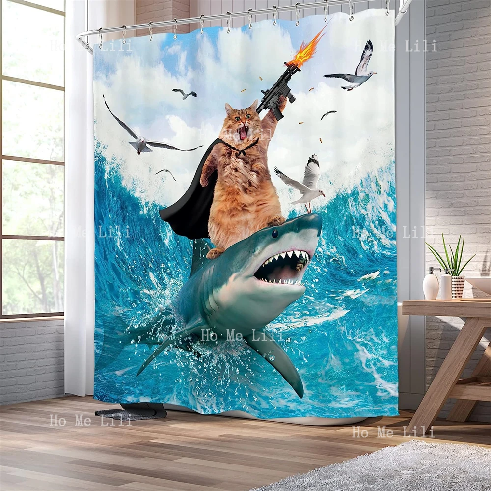 Fun Surf Cat Shower Curtains Cool Ride Sharks Funny Waves Seagulls Cute Animals Waterproof Polyester Fabric Bathroom Decor