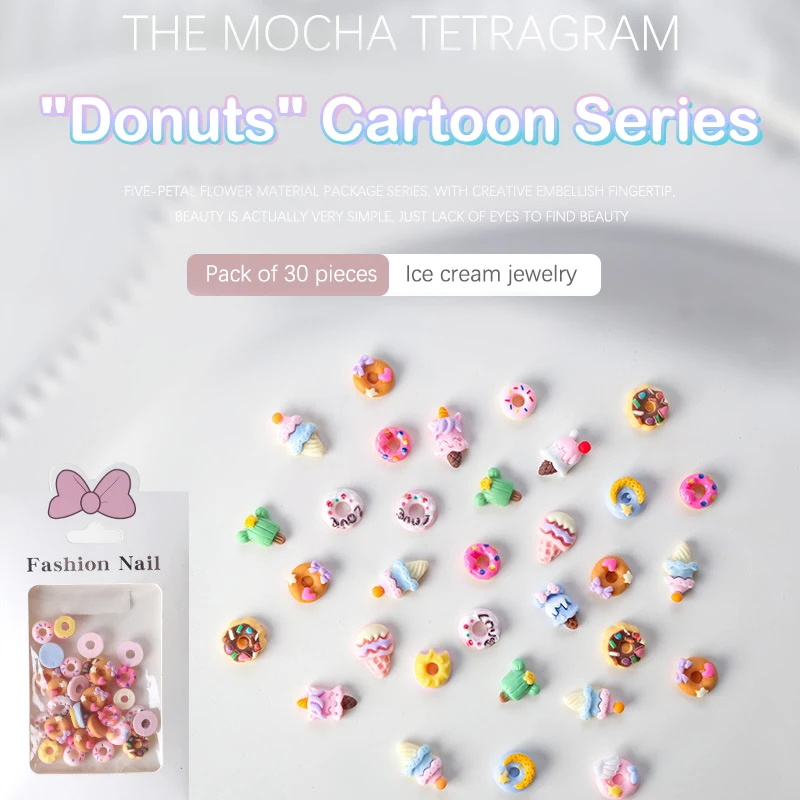 30Pcs/Set 3D Summer Cartoon Donut Ice Cream Nail Jewelry Charms Decoration DIY Crafts Woman Manicure Art Accessories Gift Resin