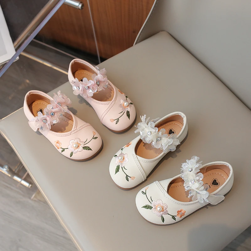 

Girl Summer Casual Shoes Flower Embroidery Upper Lace Flower Decoration Non-slip Mary Jane Shoe Soft Sole Kids Shoes