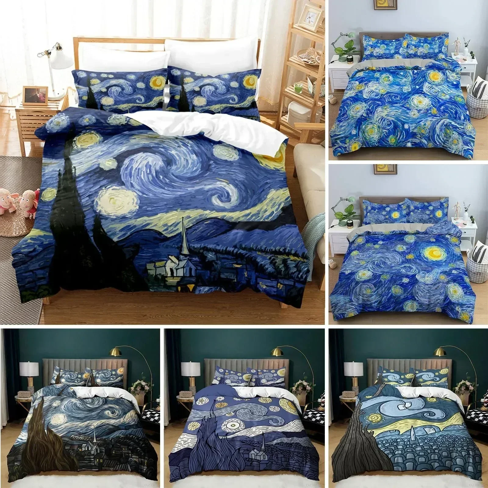 Starry Night Van Gogh Duvet Cover Set Queen Size,Oil Painting Famous Modern Classic Sky Star Art,Decorative 3D Bedding Set