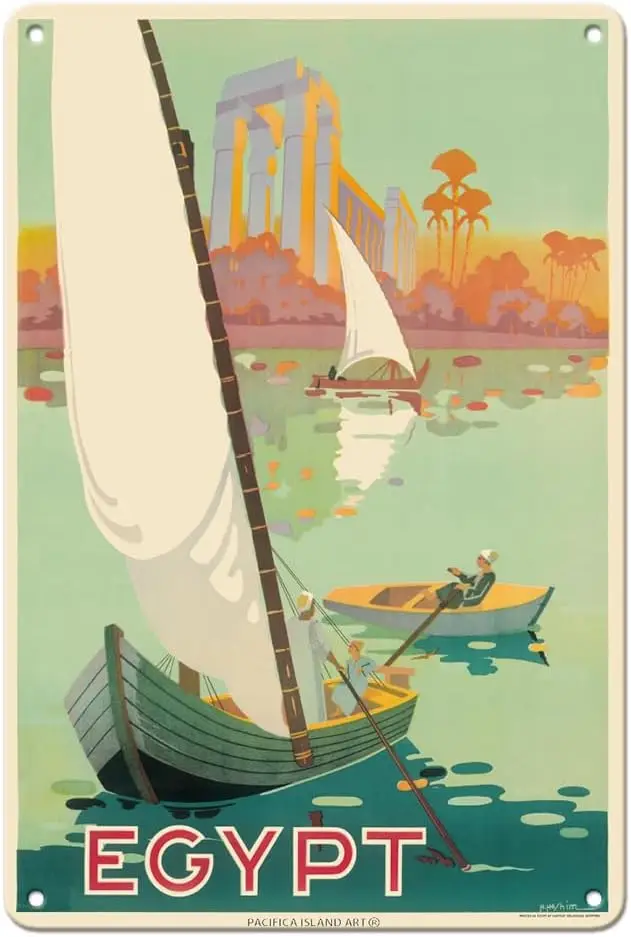 Pacifica Island Art Egypt - Sailboats on the The Nile River - Vintage Travel Poster by H. Hashim c.1930s - 8 x 12 inch Vintage M