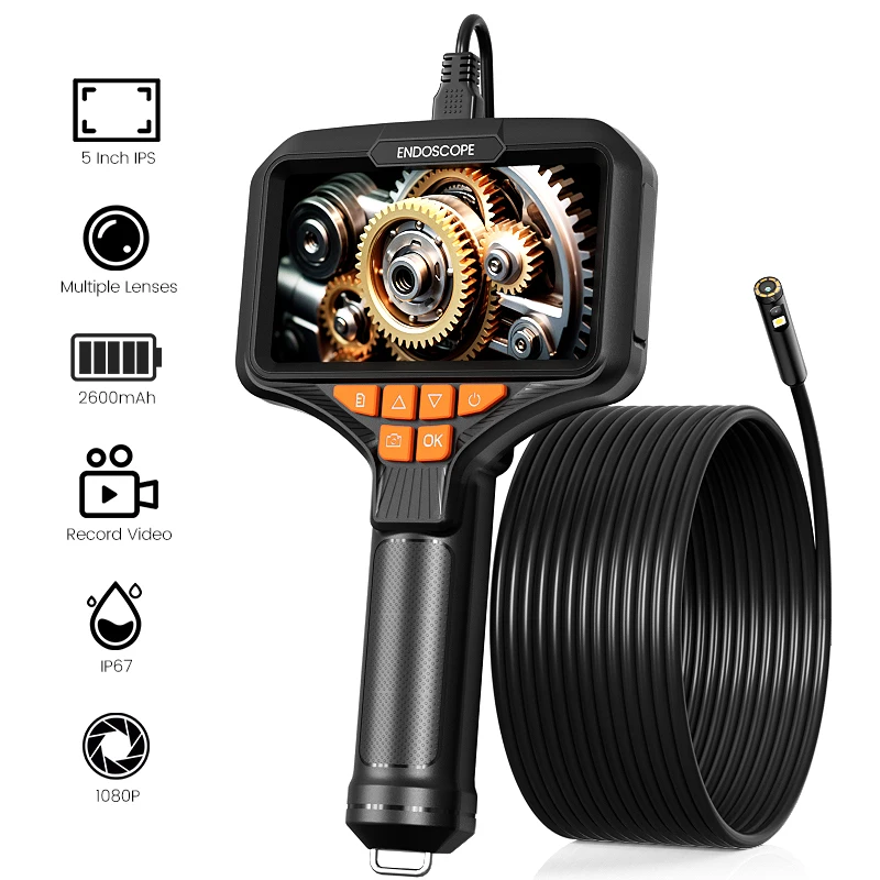 Handheld Endoscope 5'' IPS Screen Video Autofocus Camera Pipe Inspection Borescope HD1080P Single Dual Triple Lens USB Probe