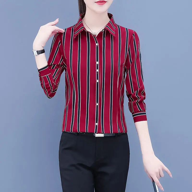 Striped Printing Women\'s Clothing 2023 New Long Sleeve Slim Ladies Tops Spring POLO Collar Fashion Fashion Button Chiffon Shirt